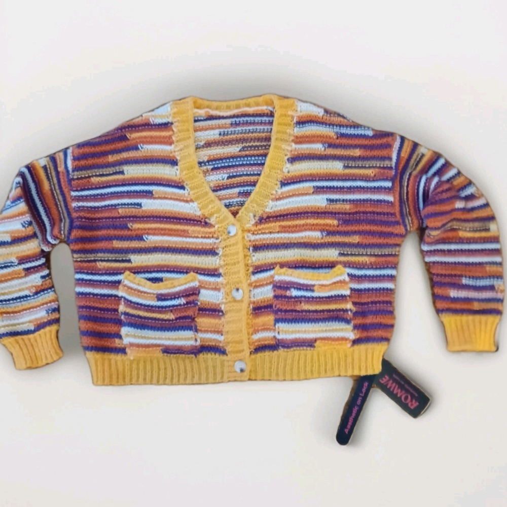 Romwe Striped Space Dye‎ Button Front Cardigan Orange Purple Yellow Womens Small